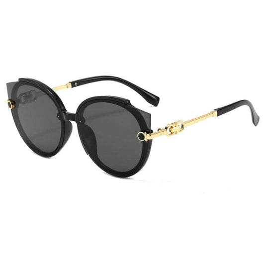 Schwarze Designer-Sonnenbrille, runde Gläser, goldene Bügel, modisch, UV-Schutz.