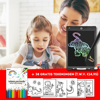 Mutter und Kind mit LCD-Schreibtafel, bunte Zeichnungen, Malbuch, kreative Beschäftigung.