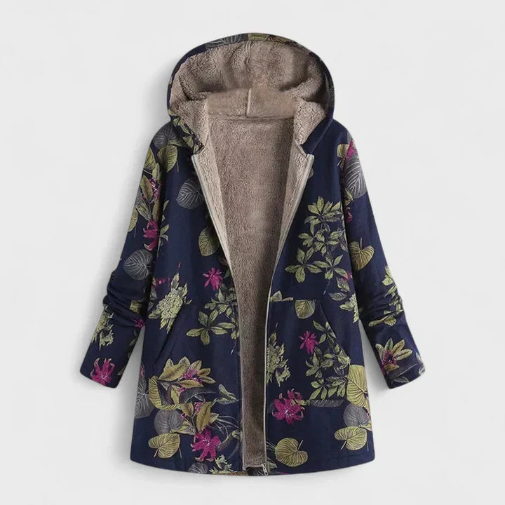 Offener Parka in Dunkelblau mit olivgrünen Blättern und pinken Blüten, innen flauschig gefüttert 3