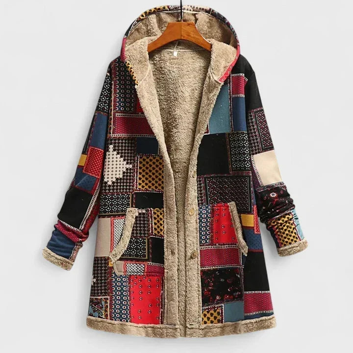 Knopfparka mit Kapuze und Plüschfutter, buntes Patchwork in Rot, Schwarz, Blau und Gelb, am Holzbügel 5