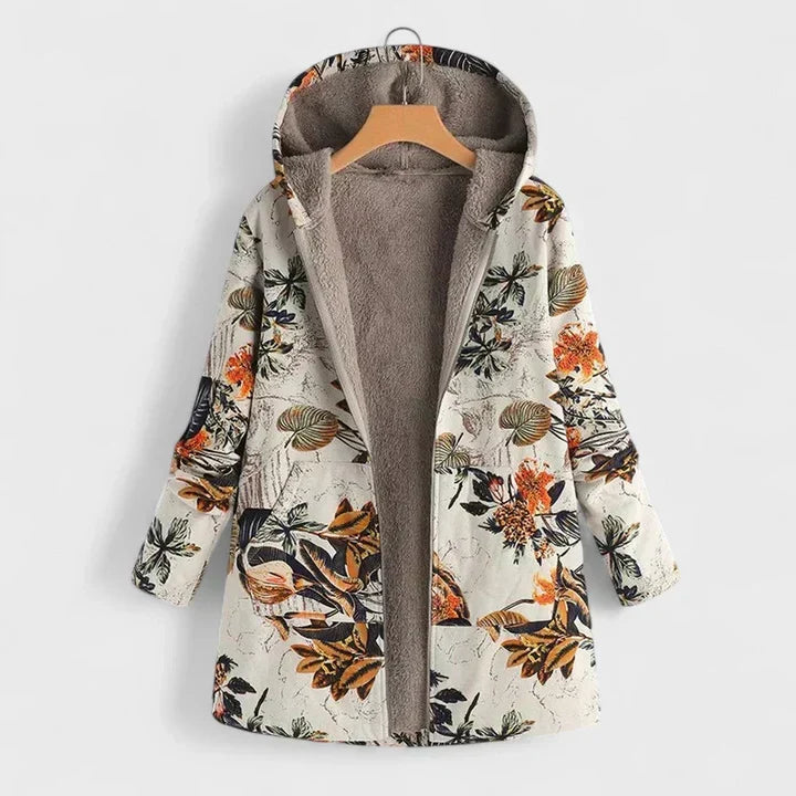 Offene Parka mit Plüschfutter auf dem Bügel, cremeweißer Stoff mit orangen und olivgrünen Blättern und Blüten 1