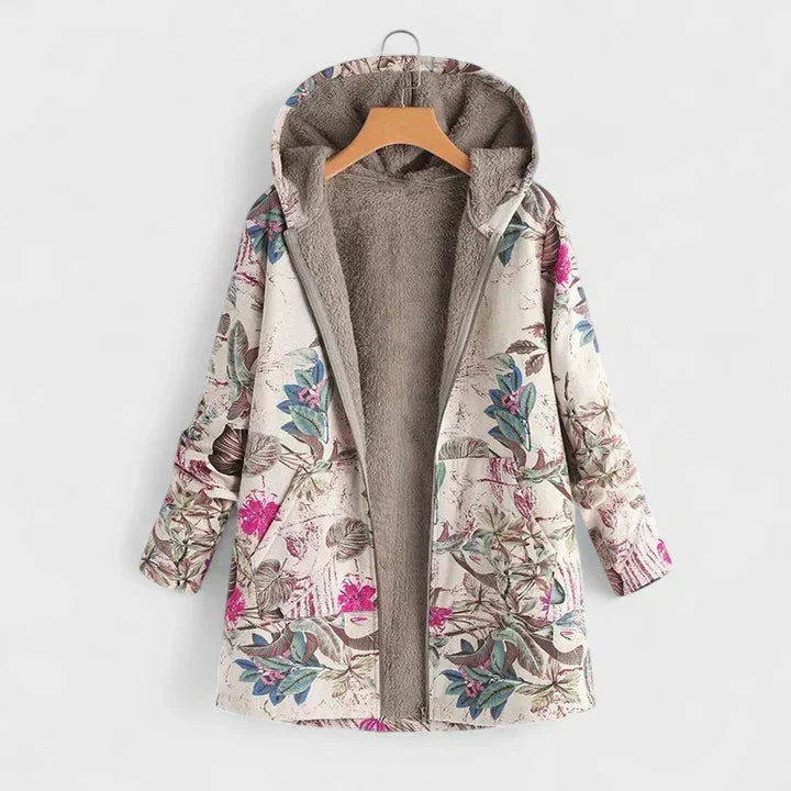 Offene Kapuzenjacke mit weichem Fellfutter, heller Stoff mit pinken Blüten und blaugrünen Blättern 2