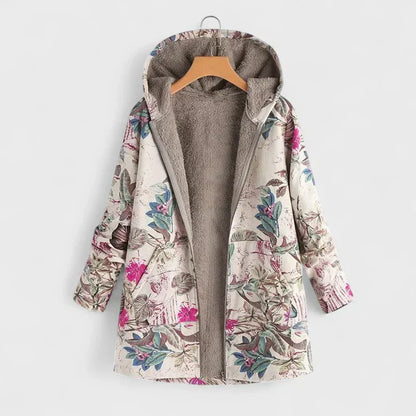 Offene Kapuzenjacke mit weichem Fellfutter, heller Stoff mit pinken Blüten und blaugrünen Blättern 2