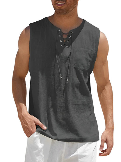 Schwarzes Leinen-Tanktop für Herren mit Schnürung, ärmellos, ideal für Sommermode.
