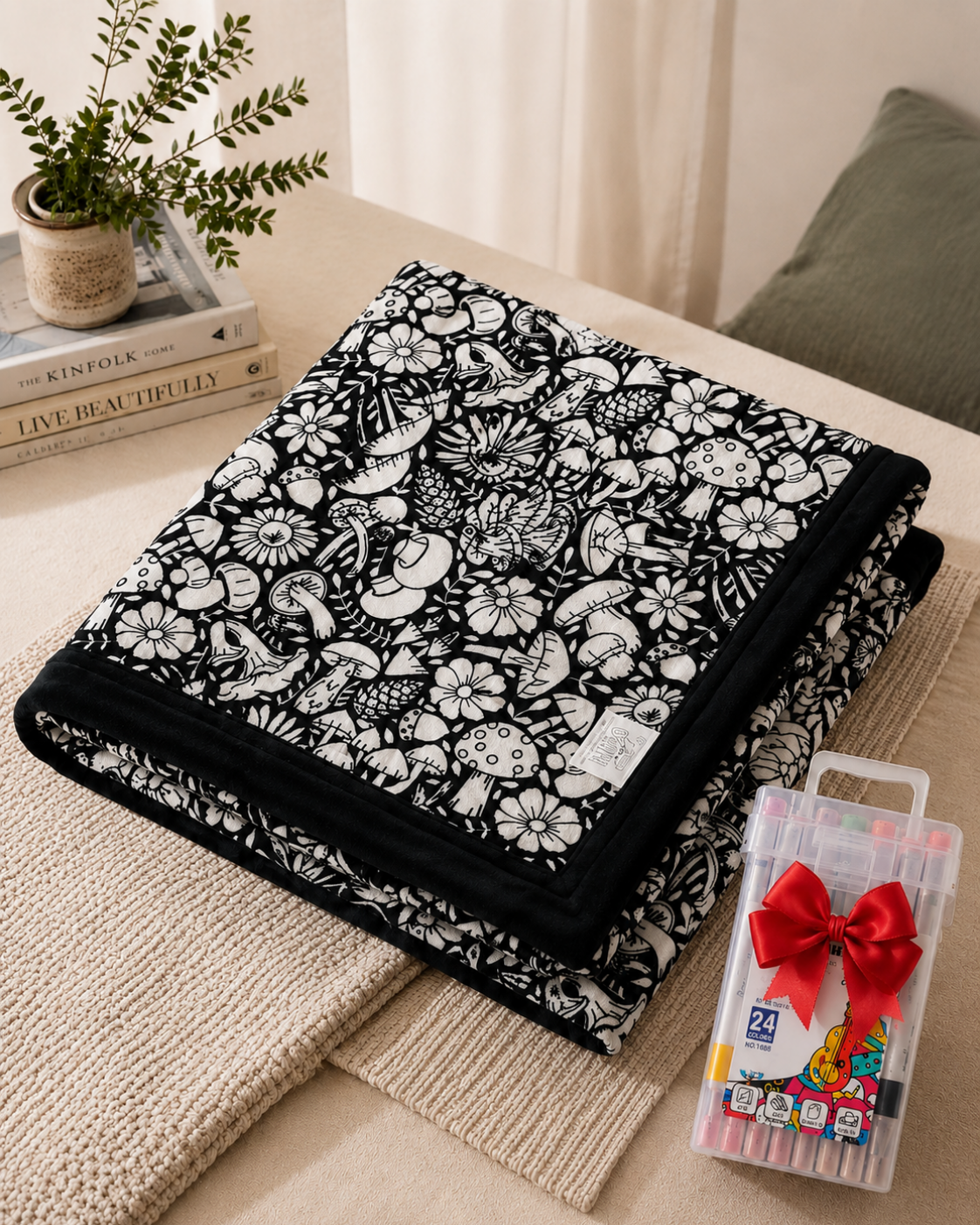 Gefaltete Decke mit Pilz- und Blumenmotiven in Weiß auf Schwarz, daneben ein Markerset mit roter Schleife 9