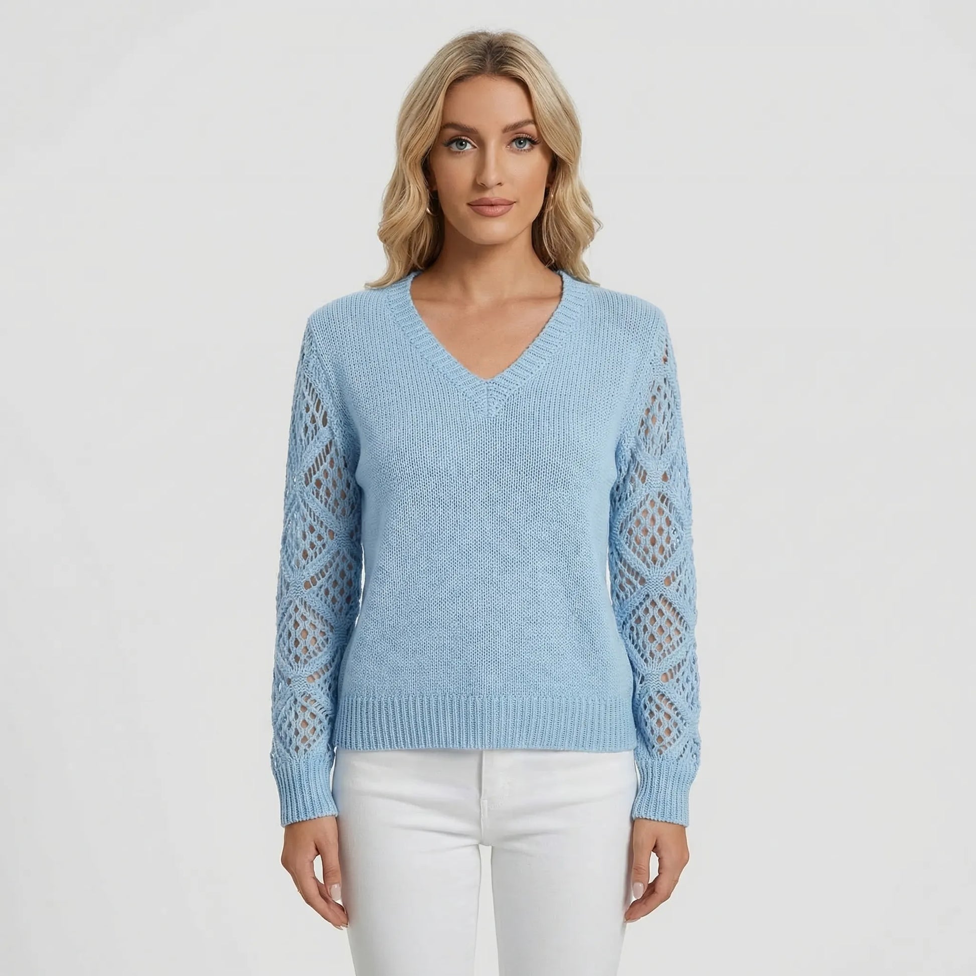 V-Neck Knitted Jumper With Open-Weave Sleeves - Audrey