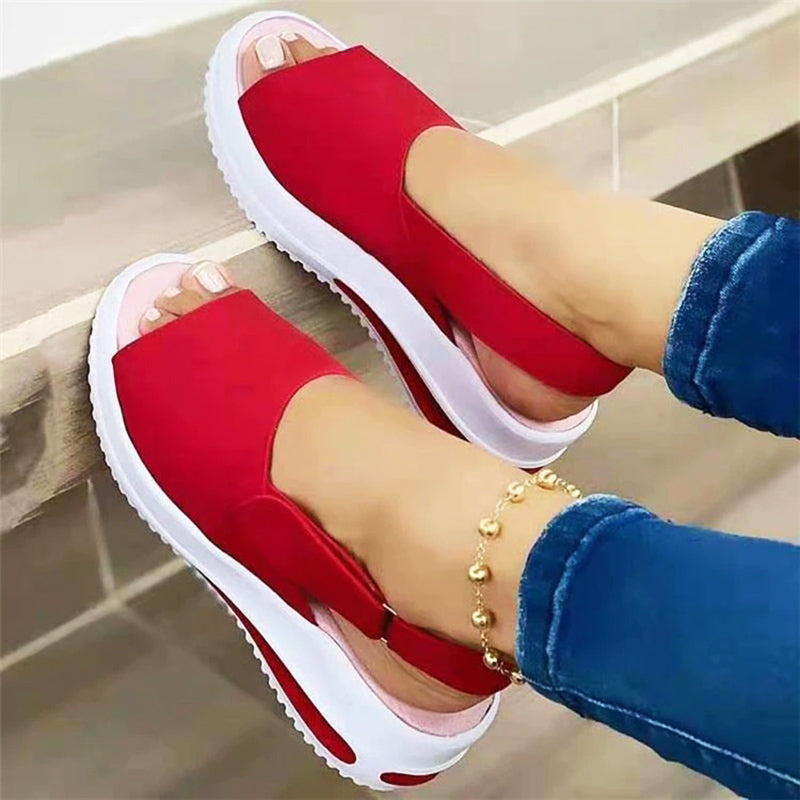 Rote Damen-Sandalen mit Keilabsatz, bequem, modisch, Sommerschuhe, Freizeit, weißer Sohle.