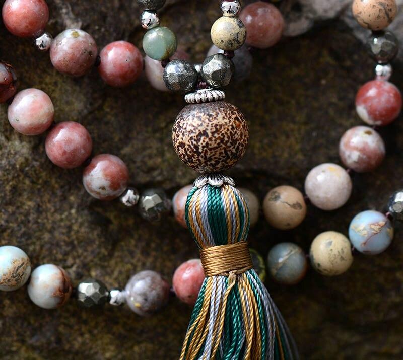 Vintage Halskette mit 8mm Natursteinen, Pyrit, bunte Quaste, Damen Lariat Yoga Schmuck.