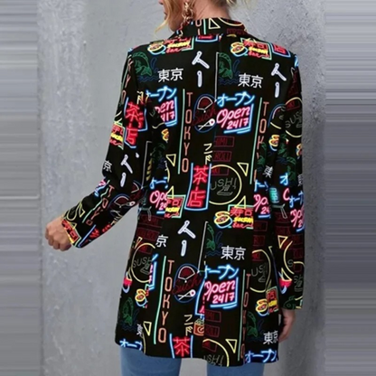 Farbiger Damenblazer mit Neon-Print, langärmelig, Reverskragen, Vintage-Stil, High Street.