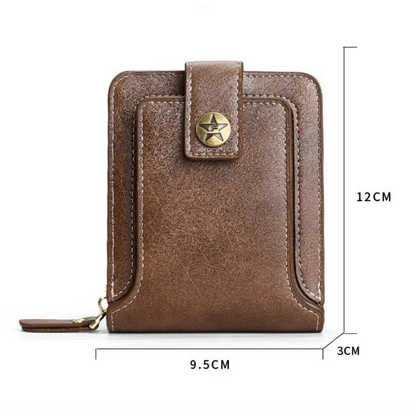 Braune Vintage-Leder-Geldbörse mit Sternknopf, 12x9,5x3 cm, ideal für Münzen und Karten.