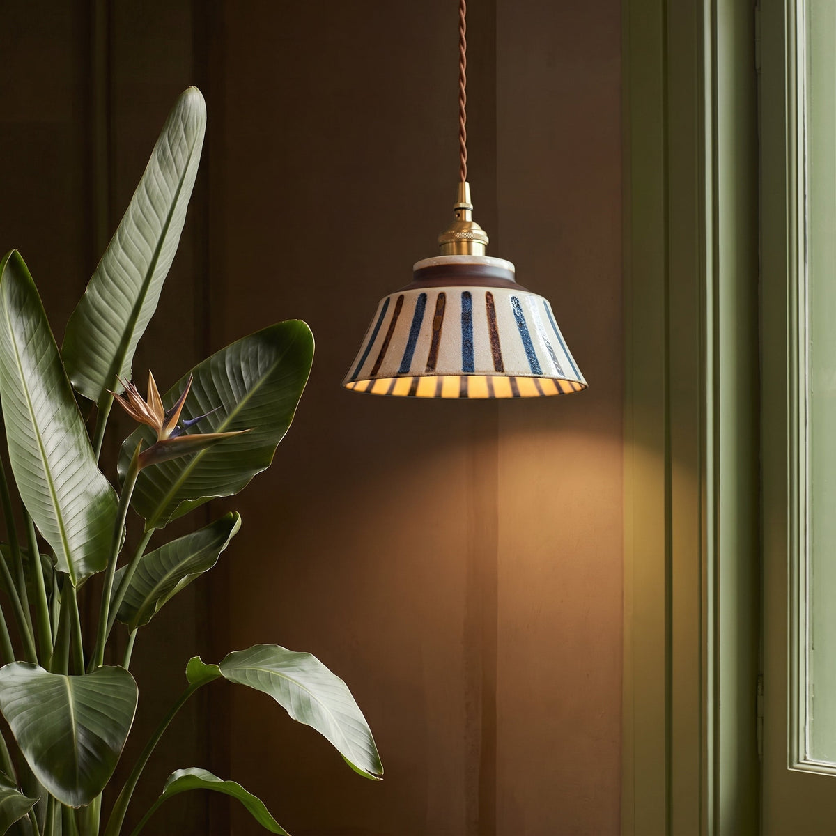Vintage Hand-Painted Ceramic Pendant Light with Fabric Cord 4