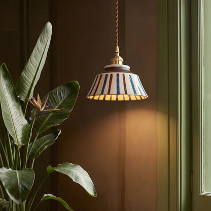 Vintage Hand-Painted Ceramic Pendant Light with Fabric Cord 4