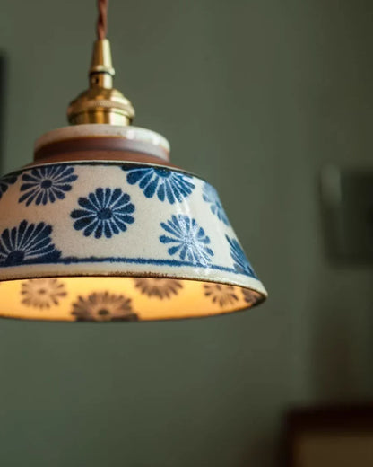 Vintage Hand-Painted Ceramic Pendant Light with Fabric Cord 6