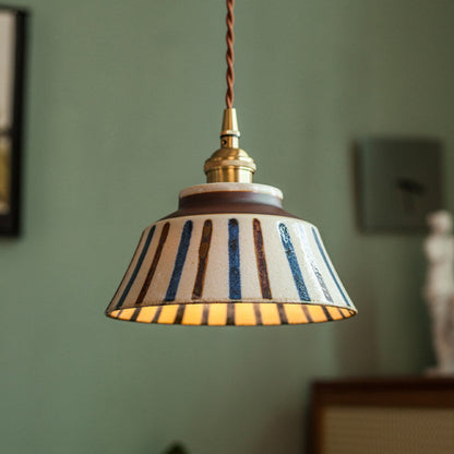 Vintage Hand-Painted Ceramic Pendant Light with Fabric Cord 3