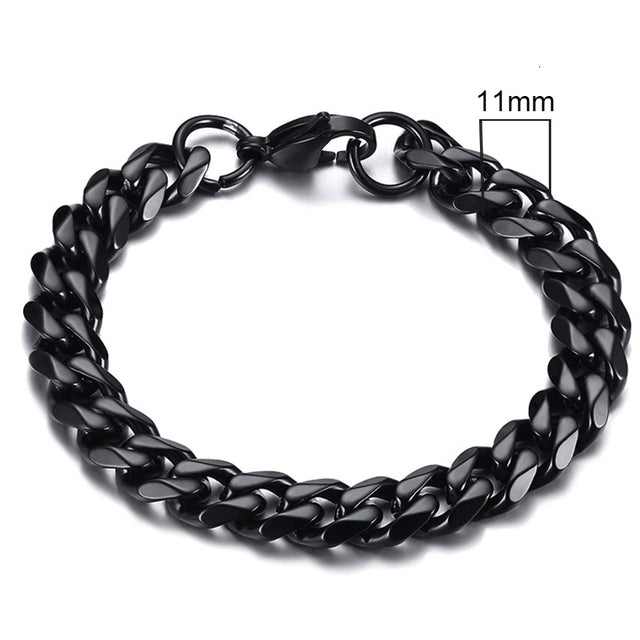 Schwarzes Edelstahlarmband, 11mm, kubanische Gliederkette, Herrenarmband, modisch.