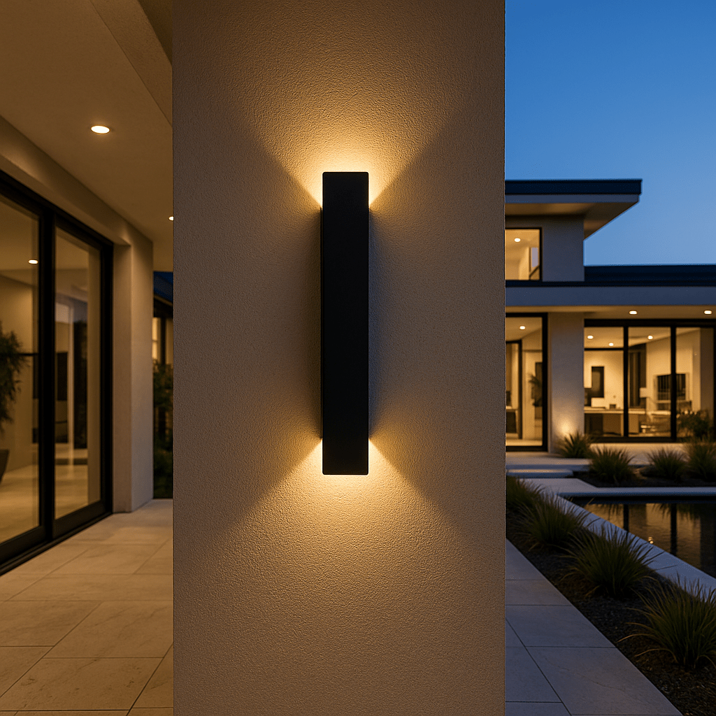 Schwarze Variante der länglichen Wandleuchte an heller Putzwand, warmes Licht nach oben und unten, im Hintergrund ein beleuchtetes modernes Haus. 2