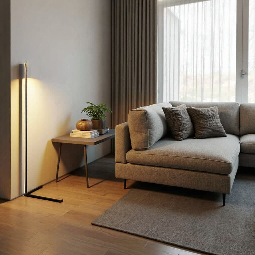 Schwarze Stehleuchte mit gelblichem Licht neben einem Holztisch mit Pflanze und einem beigen Ecksofa 6