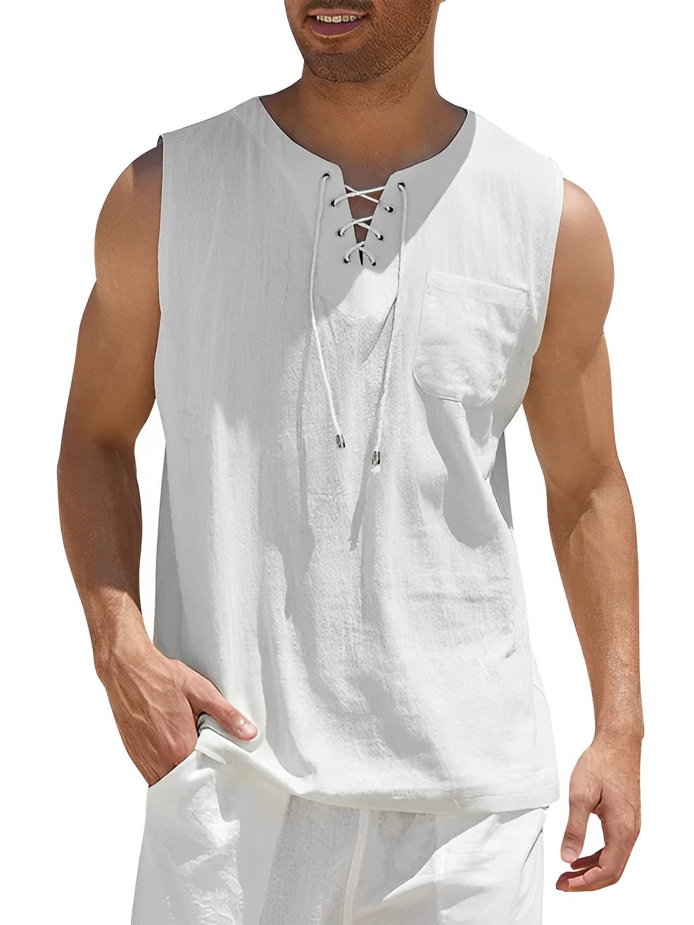 Ärmelloses weißes Herrenhemd mit Schnürung, Baumwolle, Sommermode, lässig, bequem.
