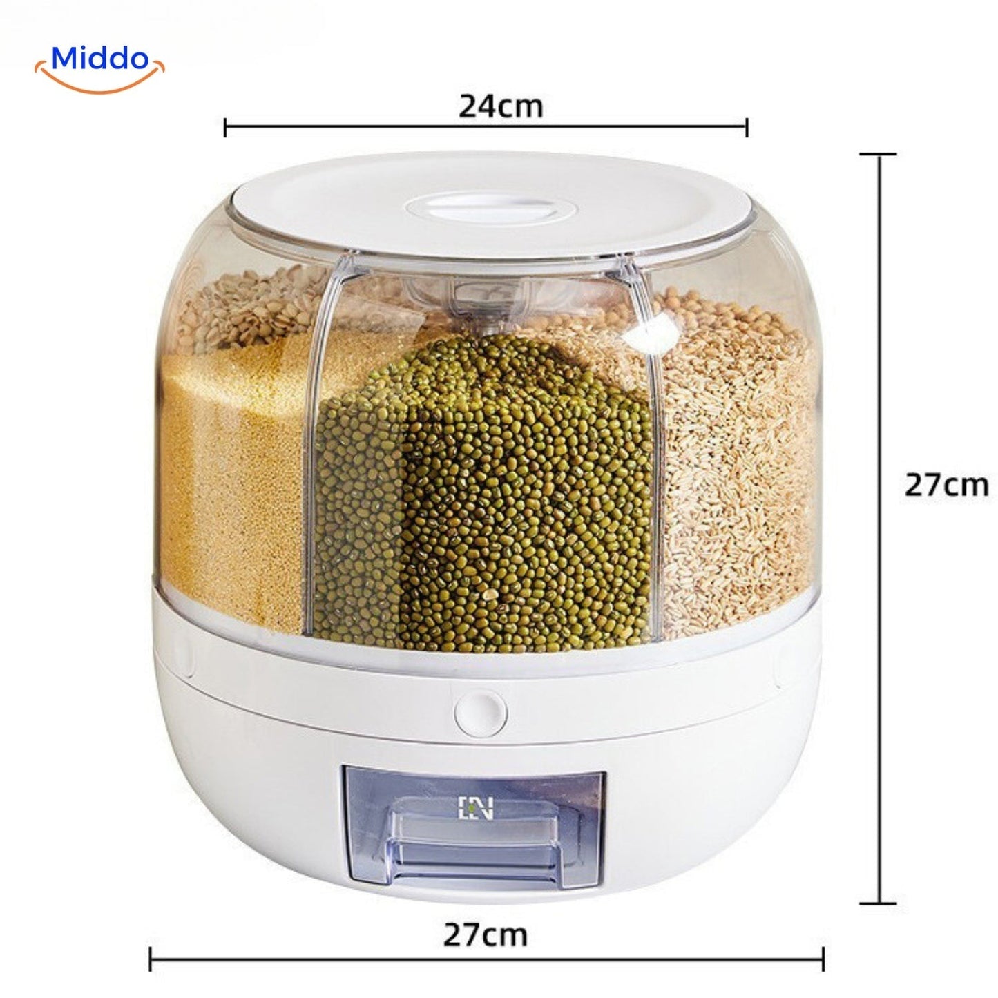 Weißer rotierender Getreidespender, 27cm hoch, 24cm breit, transparent, Küchenaufbewahrung.