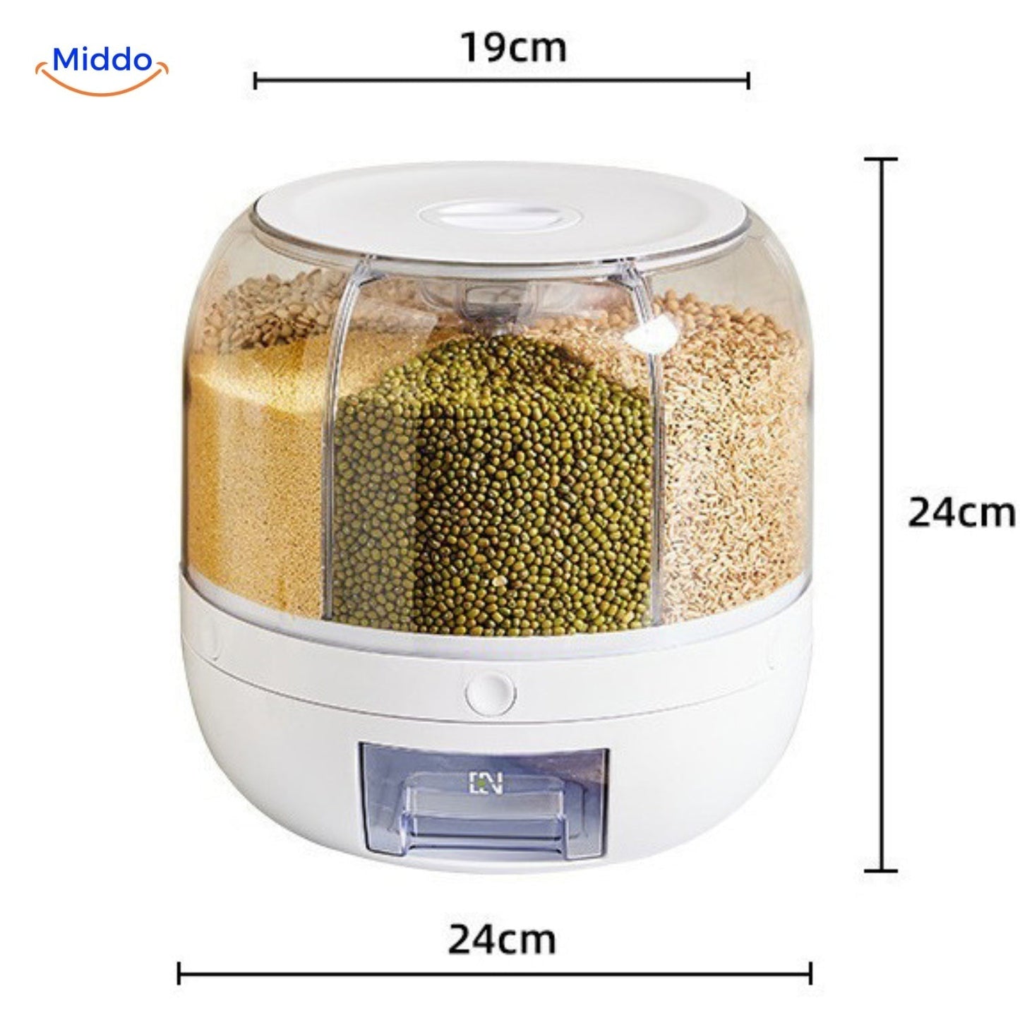 Weißer rotierender Getreidespender, 24cm hoch, 19cm breit, transparent, für Küche.