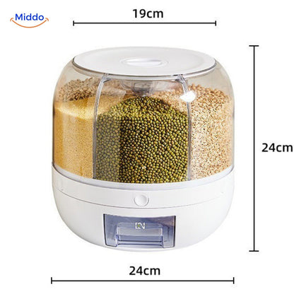 Weißer rotierender Getreidespender, 24cm hoch, 19cm breit, transparent, für Küche.
