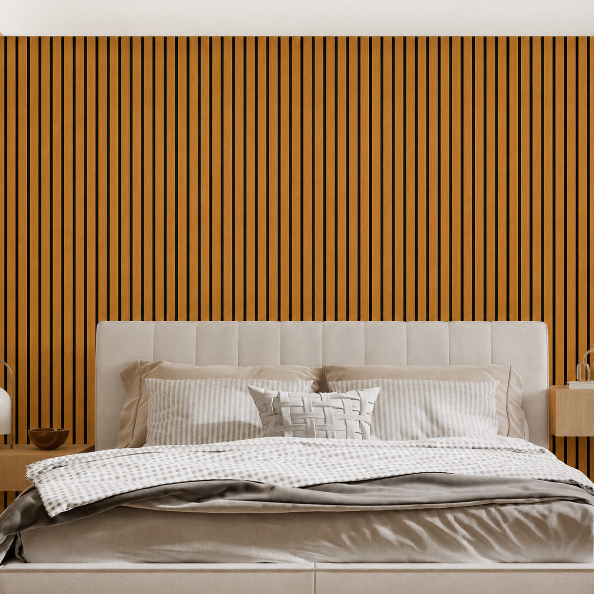 Lamellenwand in Holzoptik als Kopfteil-Wand hinter einem Bett mit gemusterter Bettwäsche 6