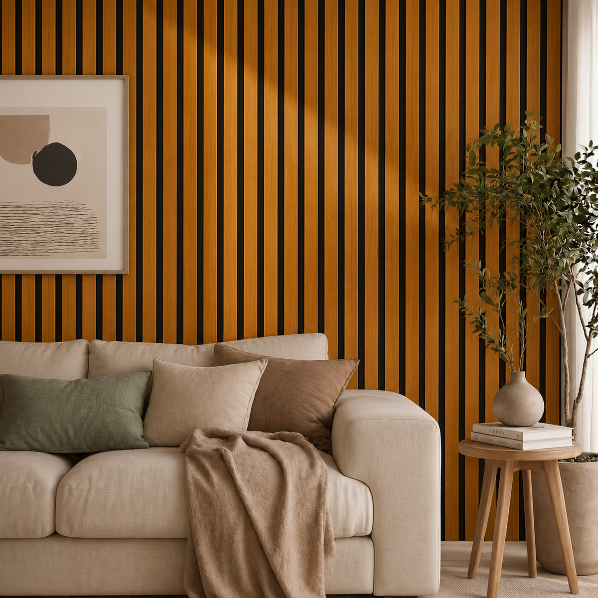 Wohnzimmer mit braun-schwarzer Lamellenwand hinter beigem Sofa, Zimmerpflanze und Beistelltisch aus Holz 4