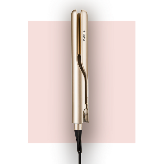 Goldener kabelloser Haarglätter, tragbar, für glattes Haarstyling, modernes Design.