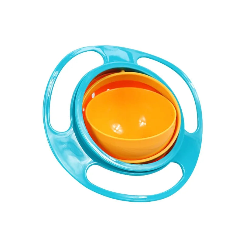 Gyroskopische Schüssel für Kinder, blau-orange, aus Kunststoff, spill-proof, 360-Grad-Drehung.