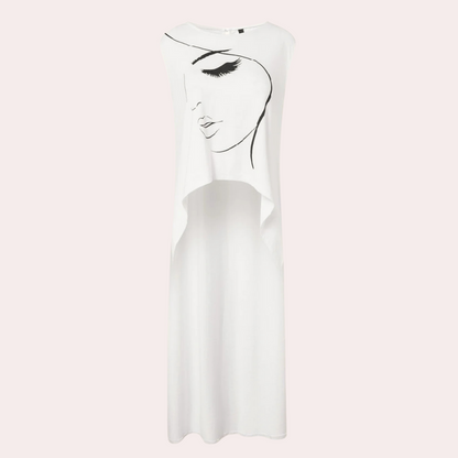Weißes ärmelloses Kleid mit Gesichtsgrafik, Damenmode, Baumwolle, Sommerkleidung.