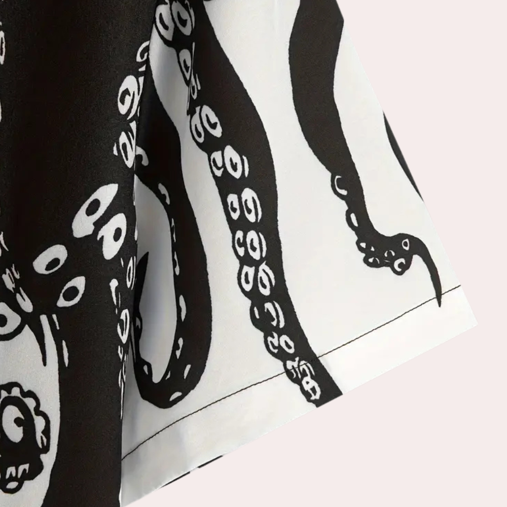 Schwarz-weißes Tintenfisch-Tentakel-Muster auf Stoff, maritimes Design, Baumwolle.