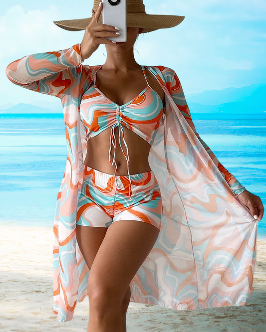 Dreiteiliges Bikini-Set mit hoher Taille und Bindeband – Marisse