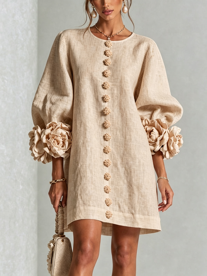 Women's Linen Puff Long Sleeve Tunic Mini Shift Dress 23