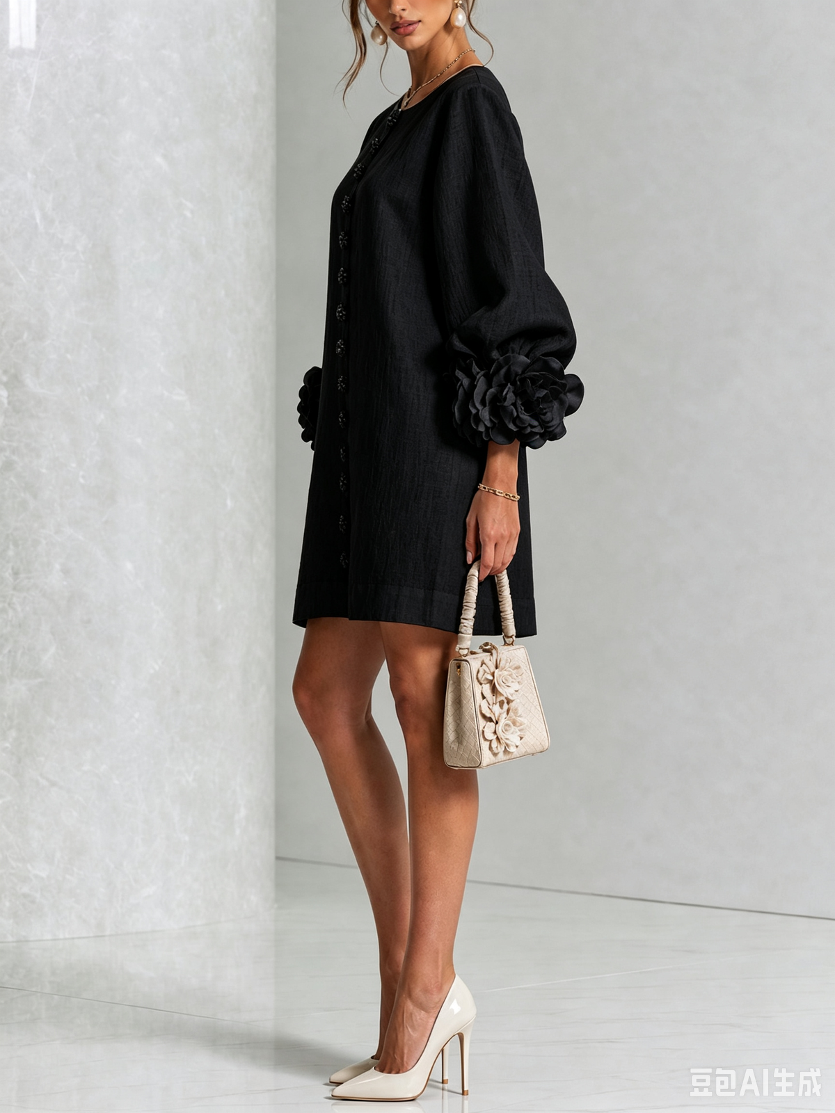 Schwarzes Minikleid in der Seitenansicht, Model mit beiger Handtasche und hellen Pumps, Rosenmanschette am Ärmel. 16