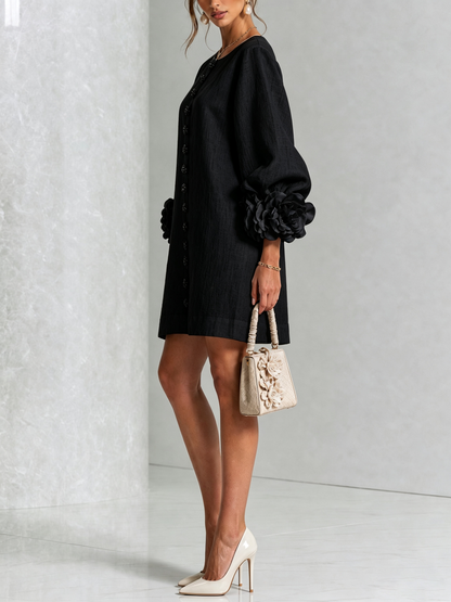 Linen Blend Shirt Dress with Rosette Trim Sleeves 22