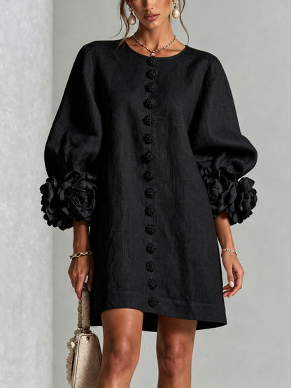 Elegant A-Line Dress with Volume Sleeves and Floral Buttons 15