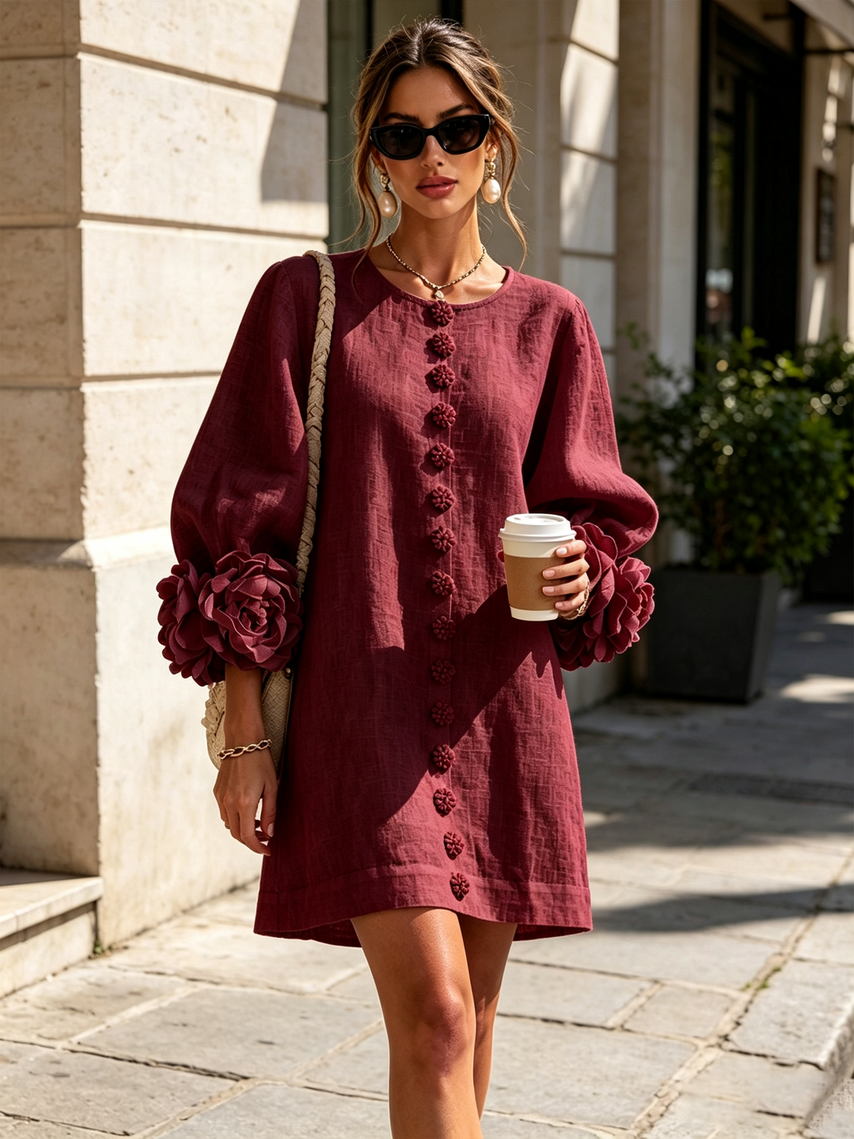 Weinrotes Kleid mit Blütenknöpfen und Rosenmanschetten, auf der Straße getragen mit Sonnenbrille, geflochtener Tasche und Kaffeebecher. 38