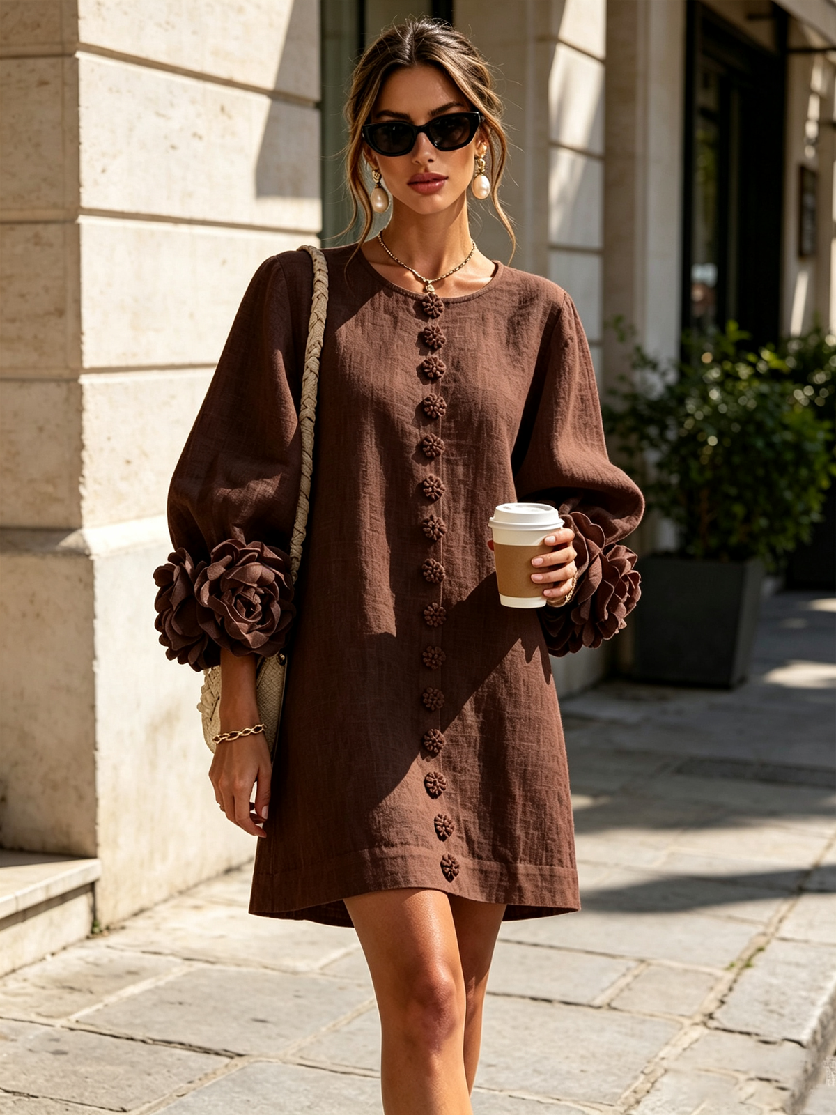 Braunes Kleid mit Blütenknöpfen und Rosenmanschetten, auf der Straße getragen mit Sonnenbrille, geflochtener Tasche und Kaffeebecher. 30