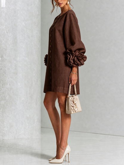 Elegant A-Line Dress with Volume Sleeves and Floral Buttons 28