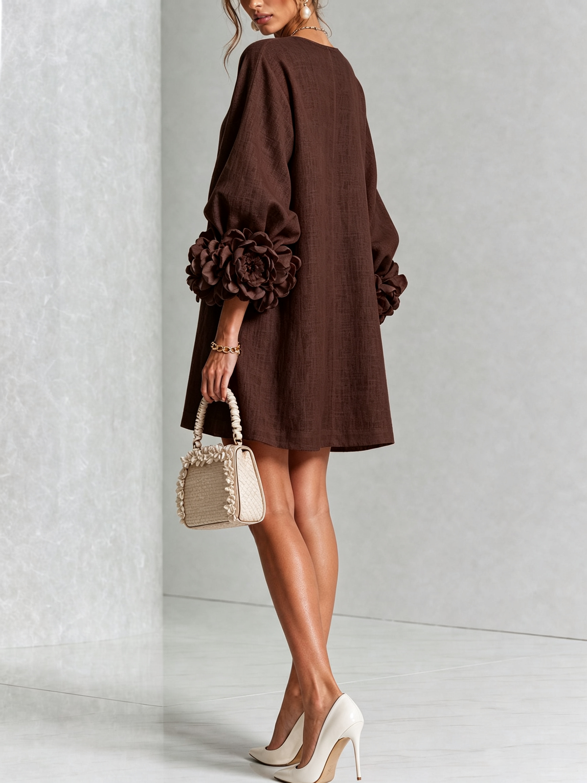 Linen Blend Shirt Dress with Rosette Trim Sleeves 33