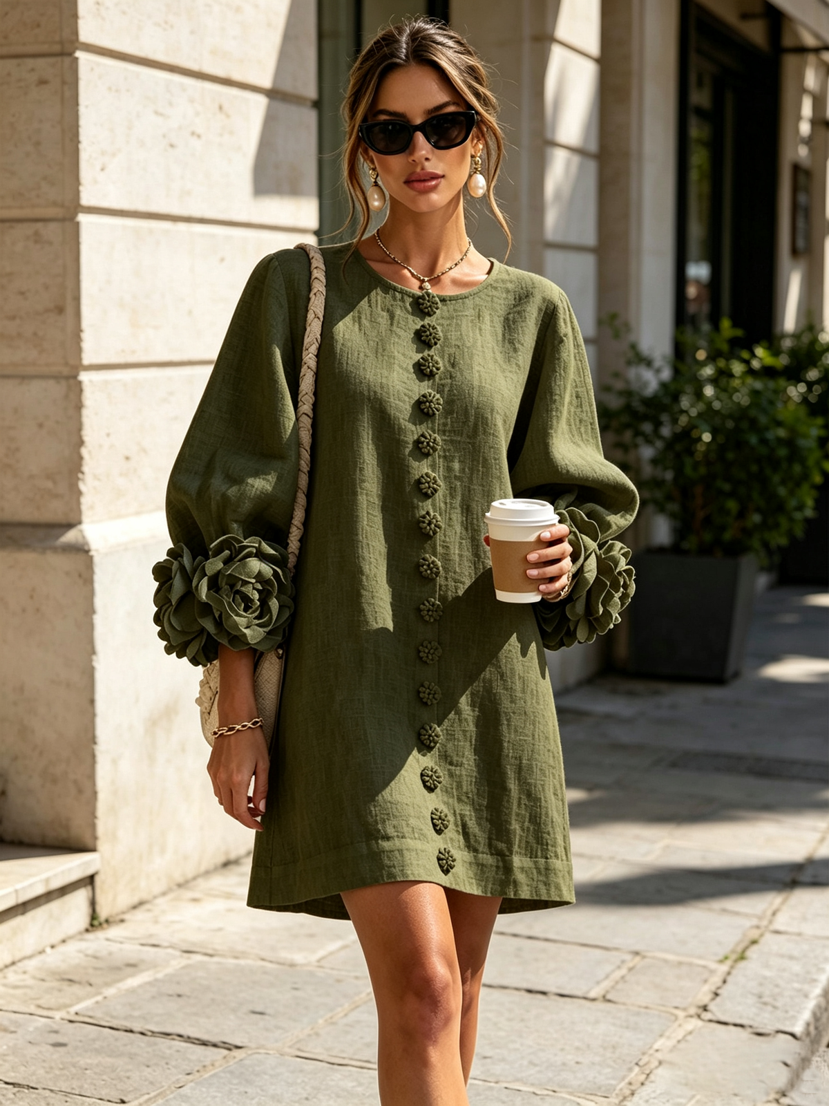 Olivgrünes Minikleid im Straßen-Outfit, Model mit Sonnenbrille und Kaffeebecher, Rosenmanschetten im Tageslicht. 10