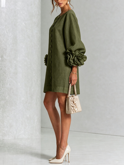 Linen Blend Shirt Dress with Rosette Trim Sleeves 17