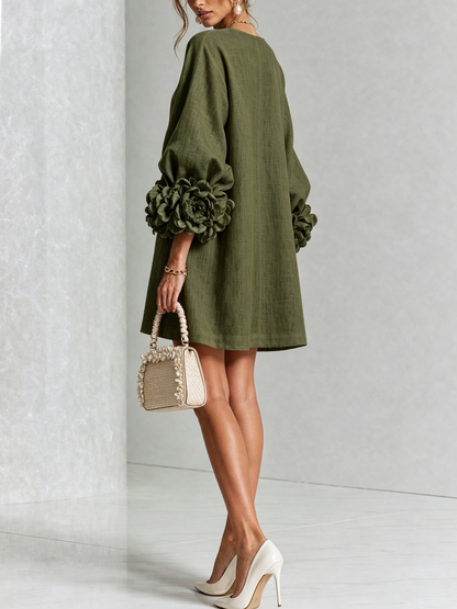 Women's Linen Puff Long Sleeve Tunic Mini Shift Dress 9