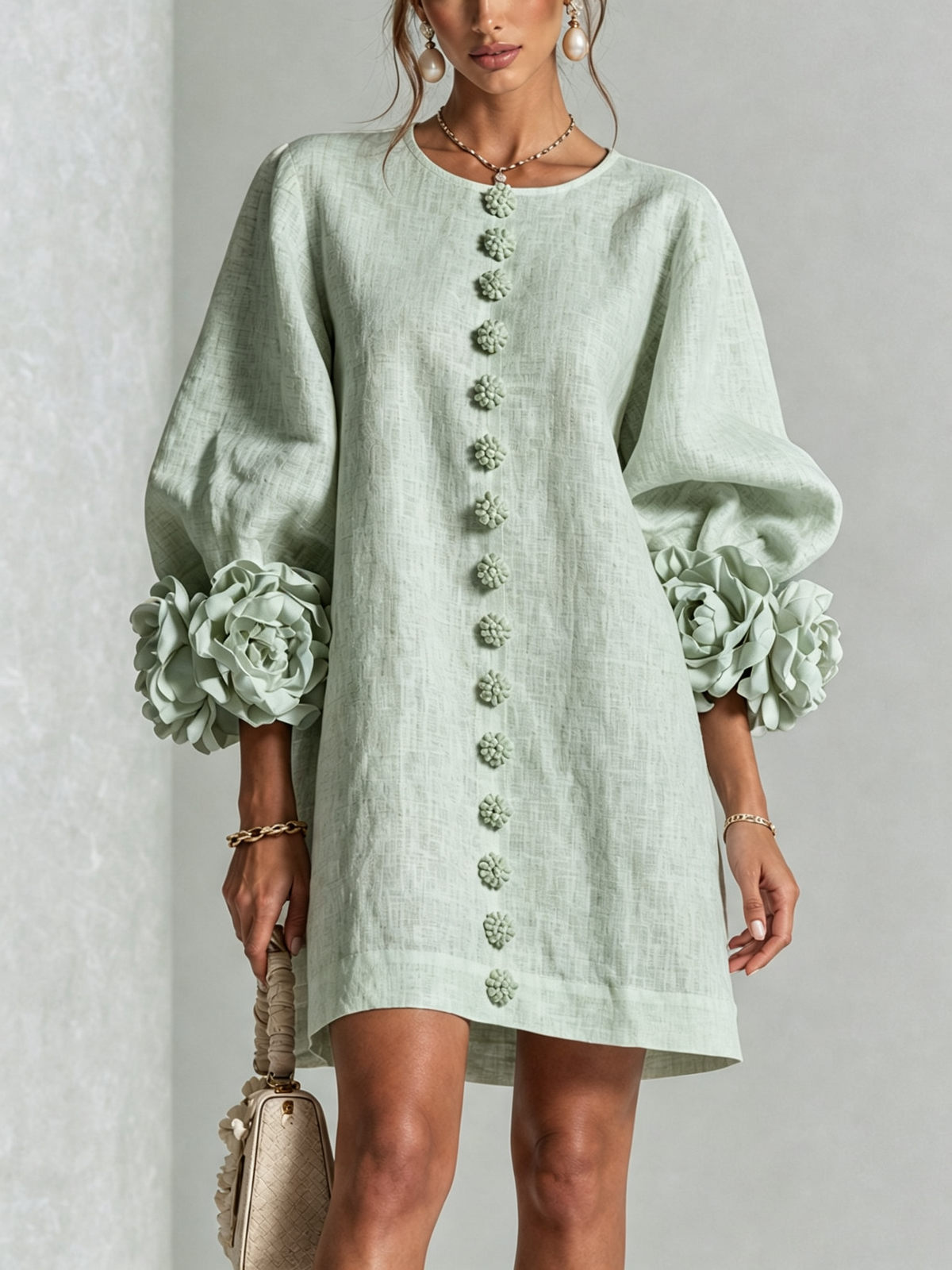 Elegant A-Line Dress with Volume Sleeves and Floral Buttons 31