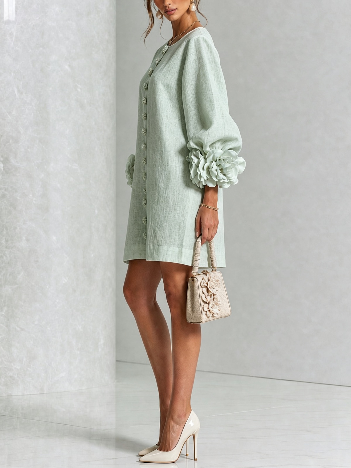 Mintgrünes Kleid in der Seitenansicht mit Blütenknöpfen und Rosenmanschette am Puffärmel, dazu Handtasche mit Blütenapplikation und Pumps. 32