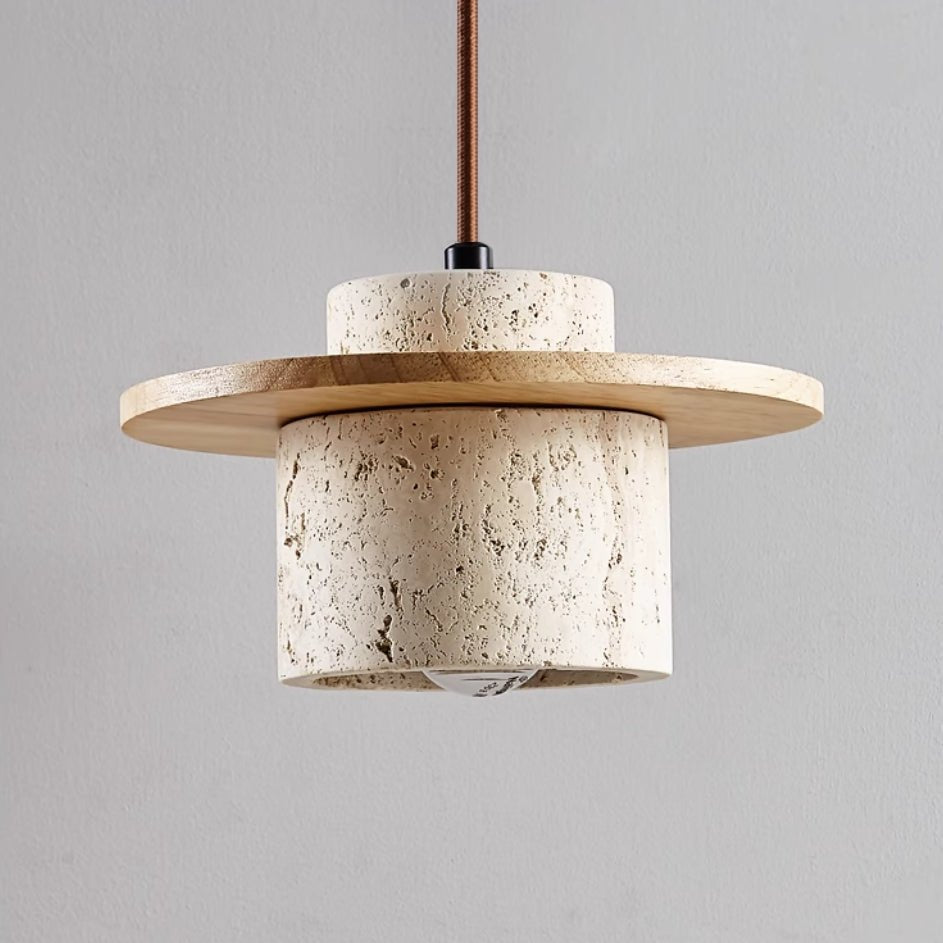 Hängelampe aus Travertin, beige, modernes Design, runder Schirm, Innenbeleuchtung, minimalistisch.