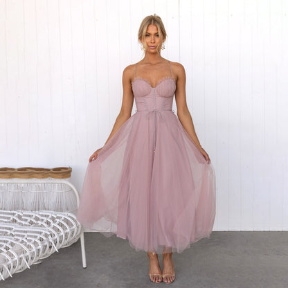 Damen Midikleid rosa Tüll, festlich, ärmellos, elegantes Design, ideal für besondere Anlässe.