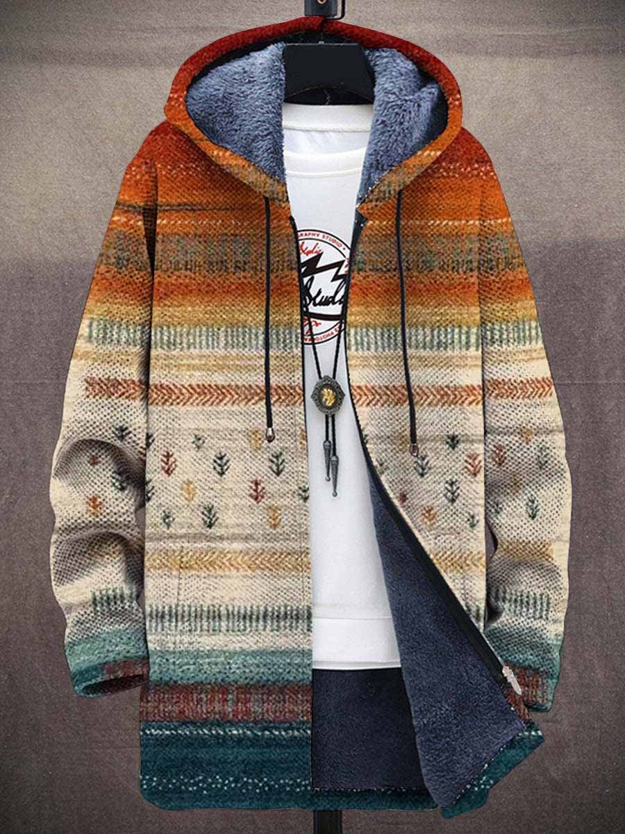Vorderansicht der offenen Kapuzenjacke mit Reißverschluss, flauschigem Futter und gemustertem Farbverlauf von Orange zu 1