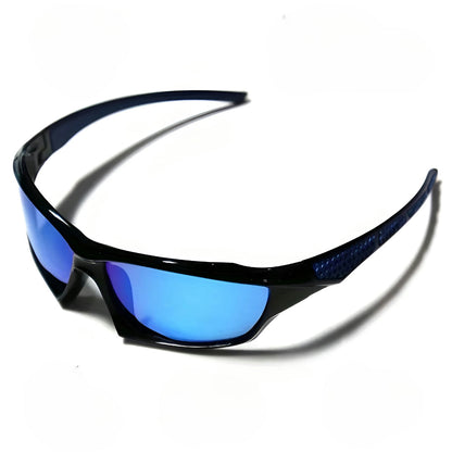 Schwarze Sportbrille mit blau verspiegelten Gläsern und blau gemusterten Bügeln, freigestellt auf weißem Hintergrund 13