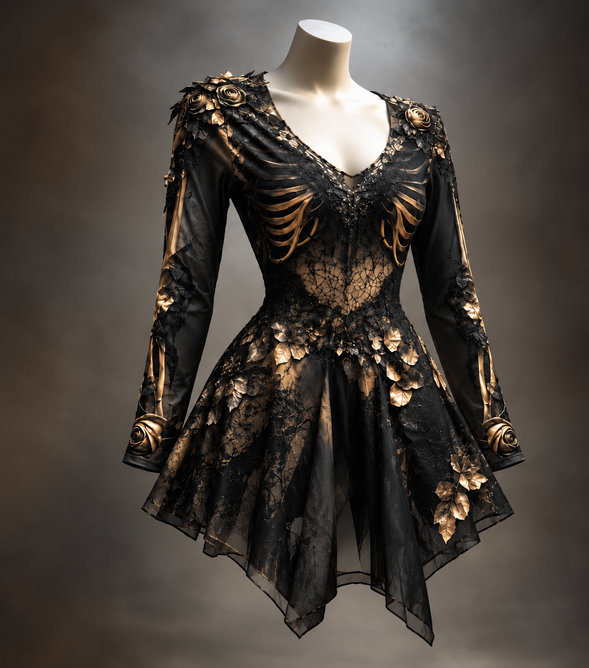 Schwarzes Mini-Kleid mit goldenen Rippen- und Armknochen-Applikationen, Rosen und Blättern, transparentem Spitzeneinsatz und asymmetrischem Tüllrock auf der Sch 1